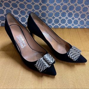 Salvatore Ferragamo Black Suede Vara Bow Pumps